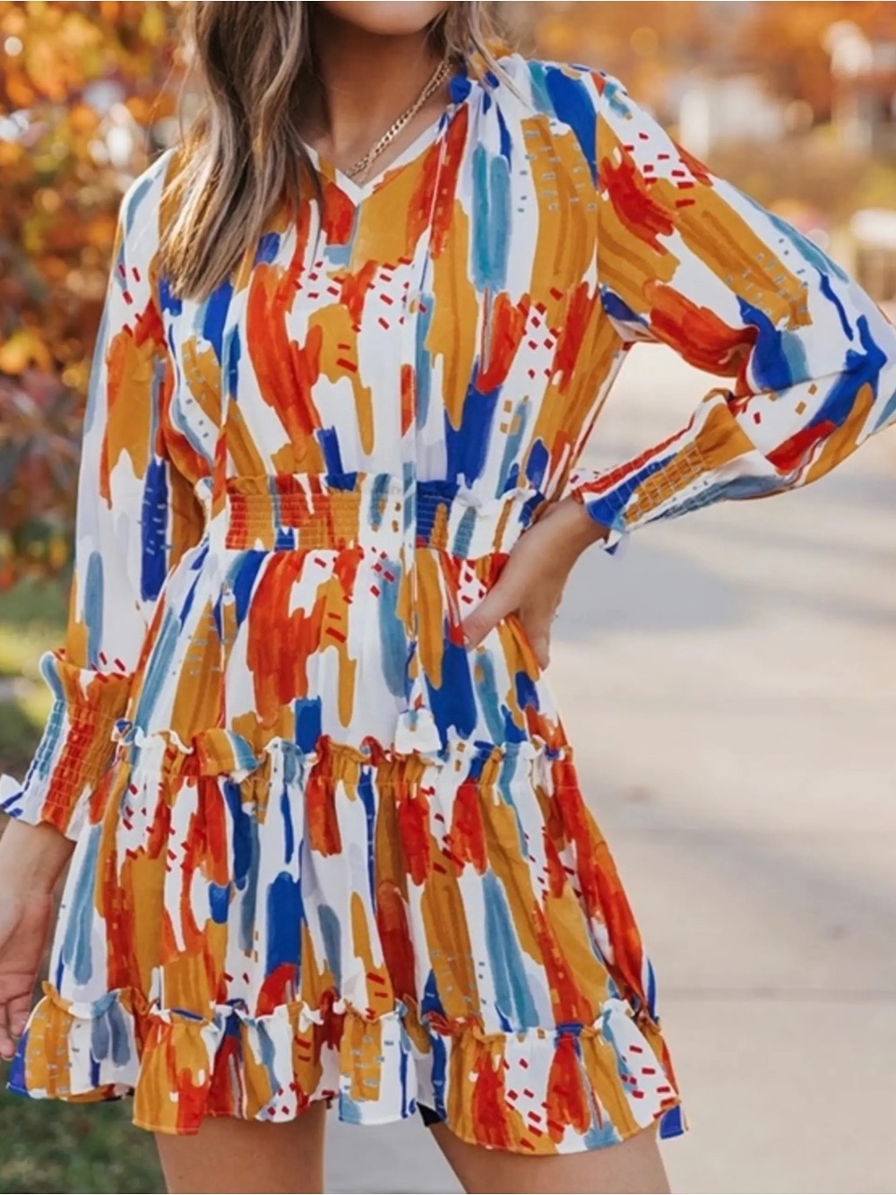 Abstract Brushstroke Ruffle Dress - White with Blue, Orange & Red size small